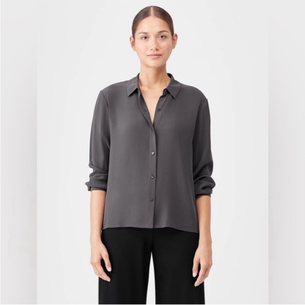 Eileen Fisher Silk Georgette Crepe Long Sleeve Button Up NWT $278
